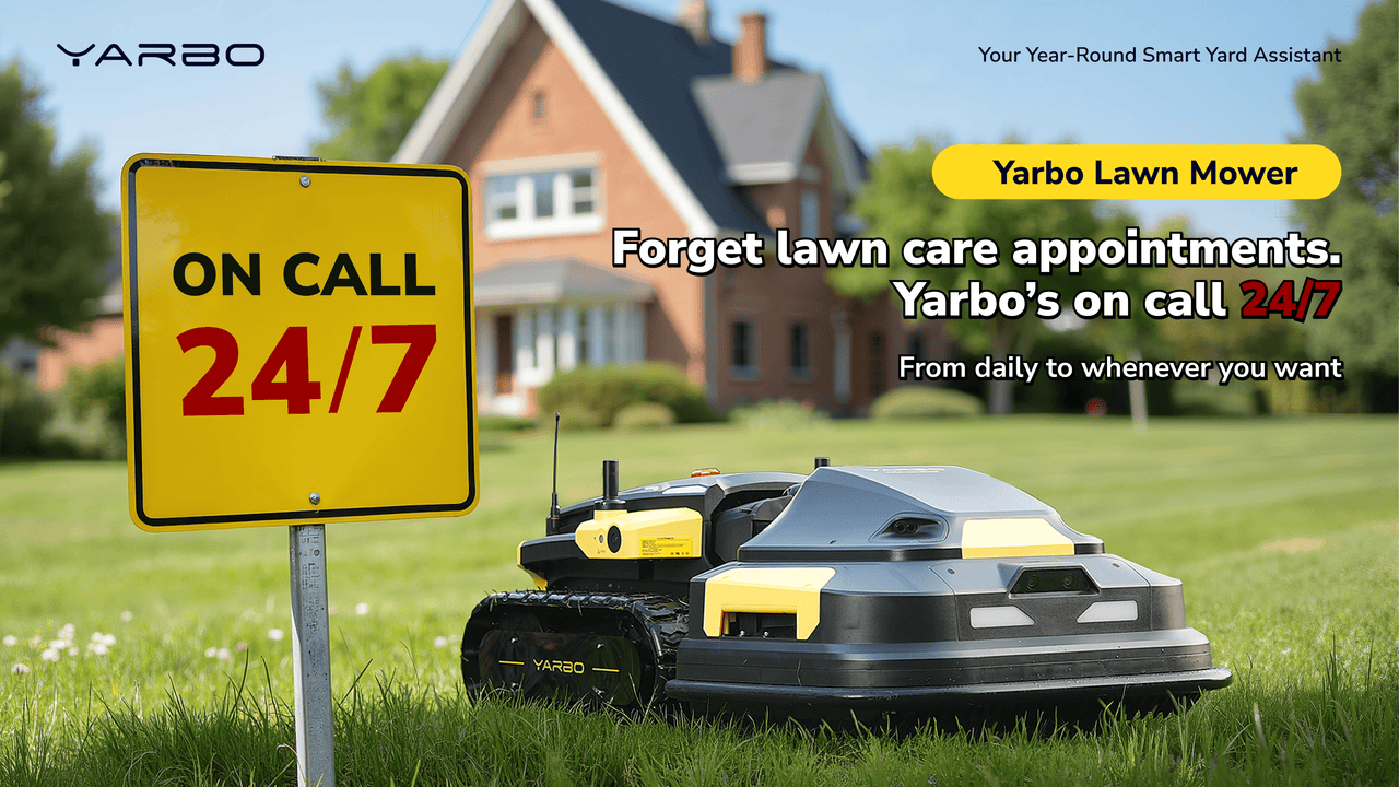 Robotic lawn mower on vibrant green lawn with "ON CALL 24/7" sign, modern home in background, showcasing smart, automated yard care.