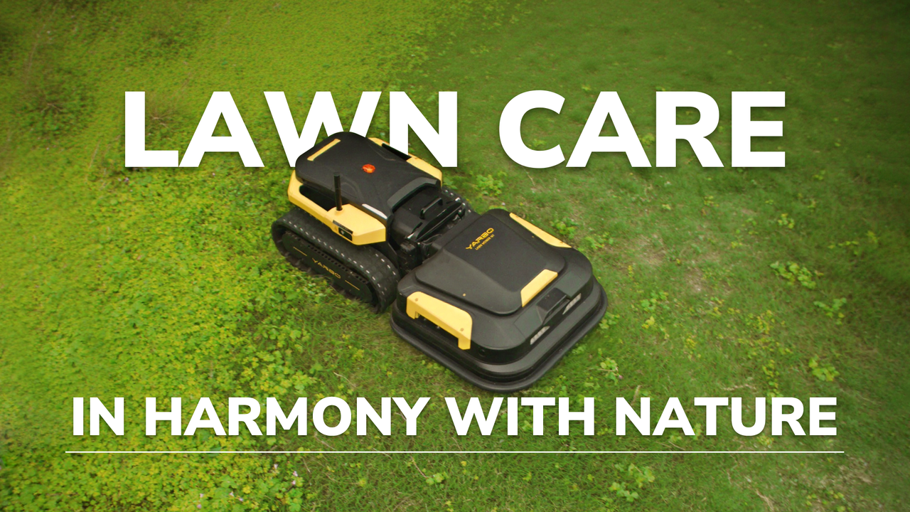 Black and yellow Yarbo robotic lawn mower on lush green grass, promoting eco-friendly, animal-friendly lawn care.