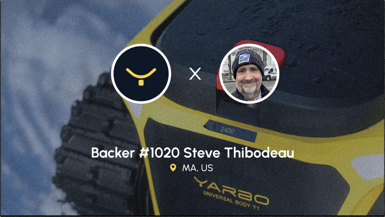 Steve Thibodeau, Backer #1020, smiles beside a Yarbo Y1 universal body in bold yellow and black, MA, US.