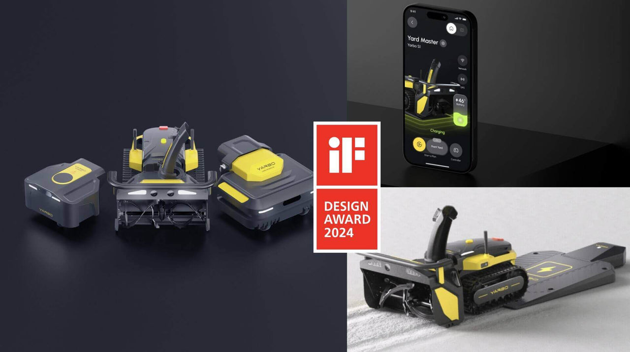 Yarbo robotic lawn mowers and app interface, showcasing sleek black and yellow design with iF DESIGN AWARD 2024 logo.