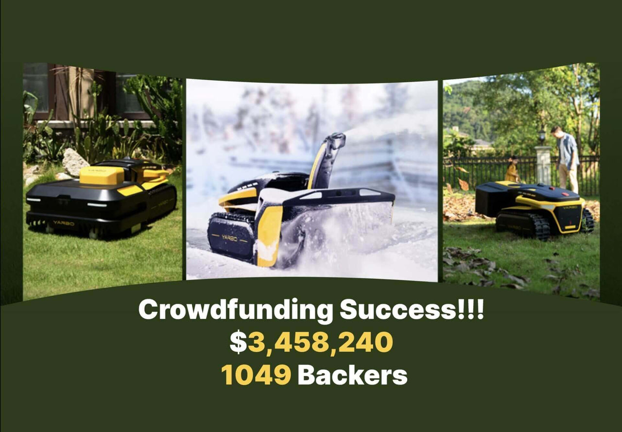 Yarbo robot mowing lawn, snow plowing, and clearing leaves — crowdfunding success with 1049 backers.