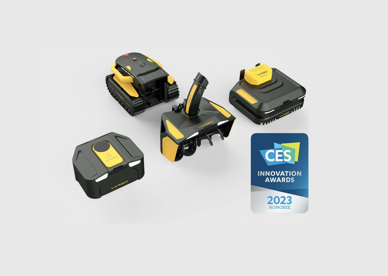 Four Yarbo robotic garden tools in black and yellow, displayed with the CES 2023 Innovation Awards Honoree badge.
