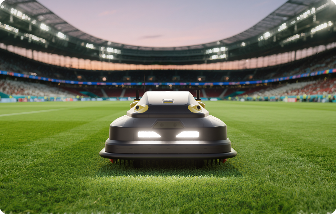 Yarbo robot mower on vibrant green field under stadium lights, sleek design with glowing headlights, futuristic and precise.