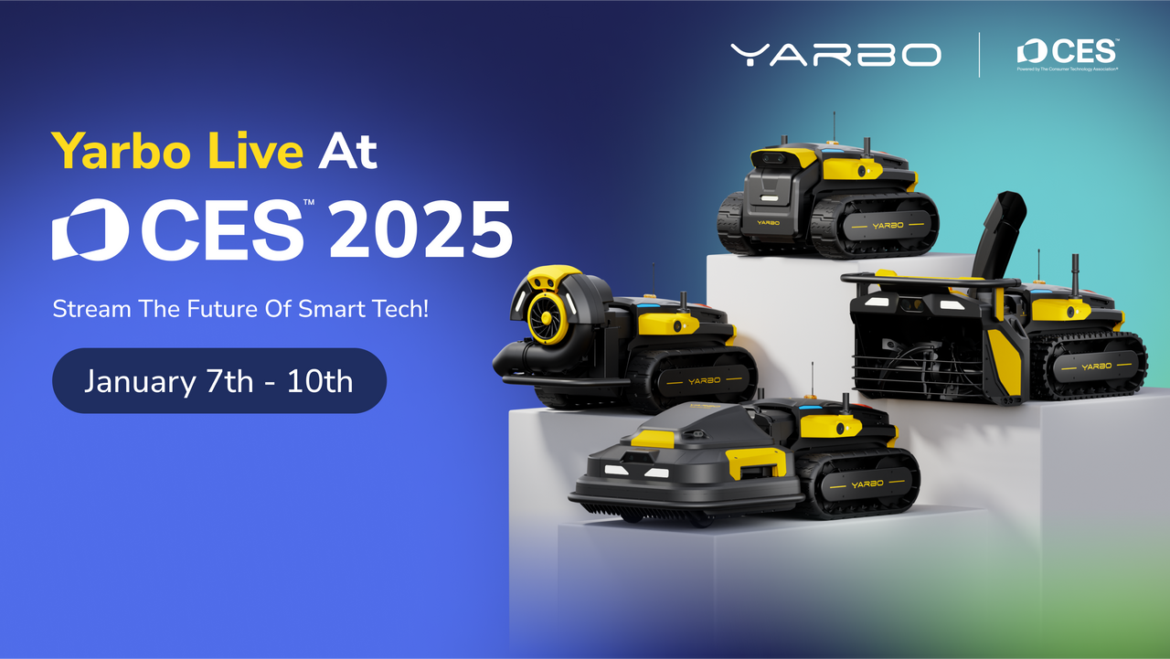 Four Yarbo robotic yard care machines on display at CES 2025, showcasing futuristic black and yellow smart tech.