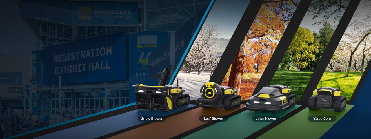Four Yarbo modular attachments—snow blower, leaf blower, lawn mower, core—displayed across seasons, showcasing all-weather yard care for large properties.