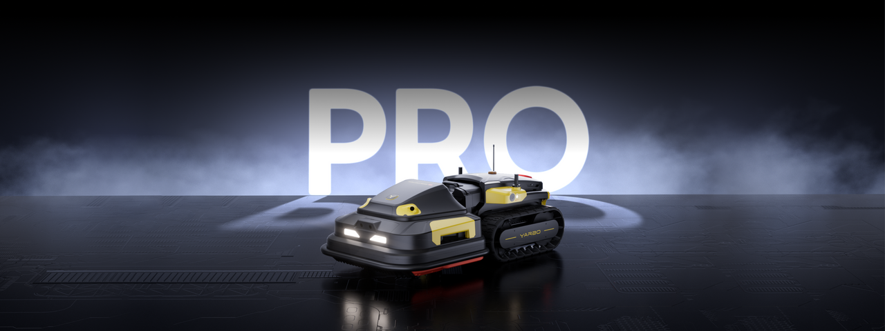 Sleek black and yellow Yarbo Pro robotic lawn mower on dark tech surface, illuminated by spotlight with bold "PRO" text, exuding power and innovation.