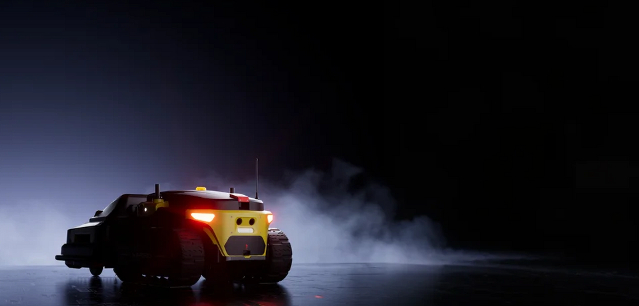 Yellow Yarbo robotic mower with glowing red lights emerges from mist in dark, dramatic setting.