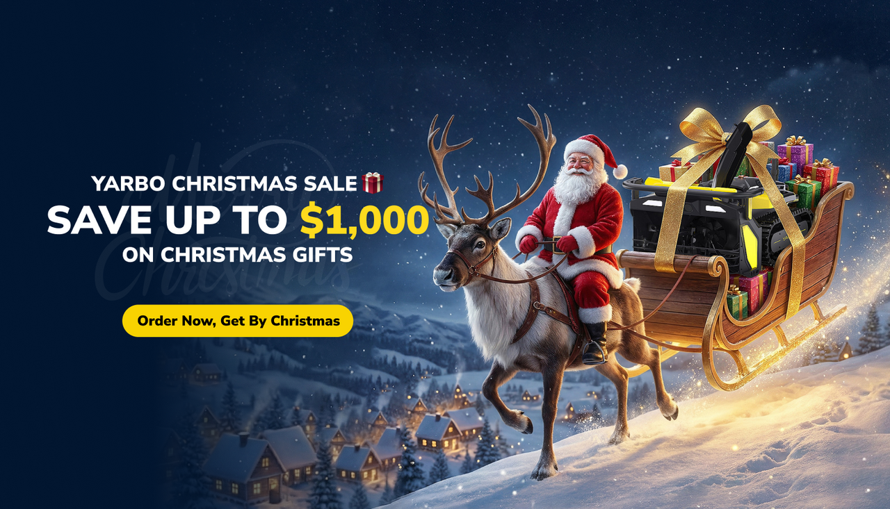 Santa rides reindeer sleigh loaded with Yarbo yard tools and gifts over snowy village, festive holiday scene.