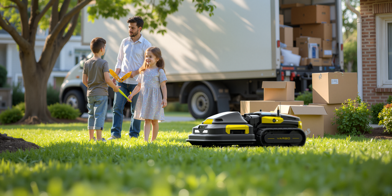 Family unboxes new robotic lawn mower on sunny day, kids playing nearby on fresh green lawn.
