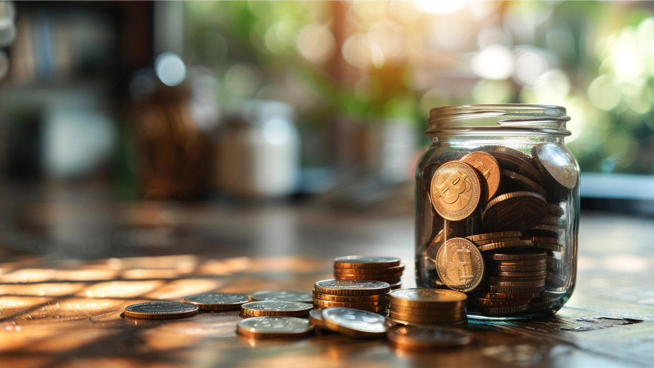 Glass jar filled with coins on wooden table, sunlight streaming through window, symbolizing snow removal costs in 2025.