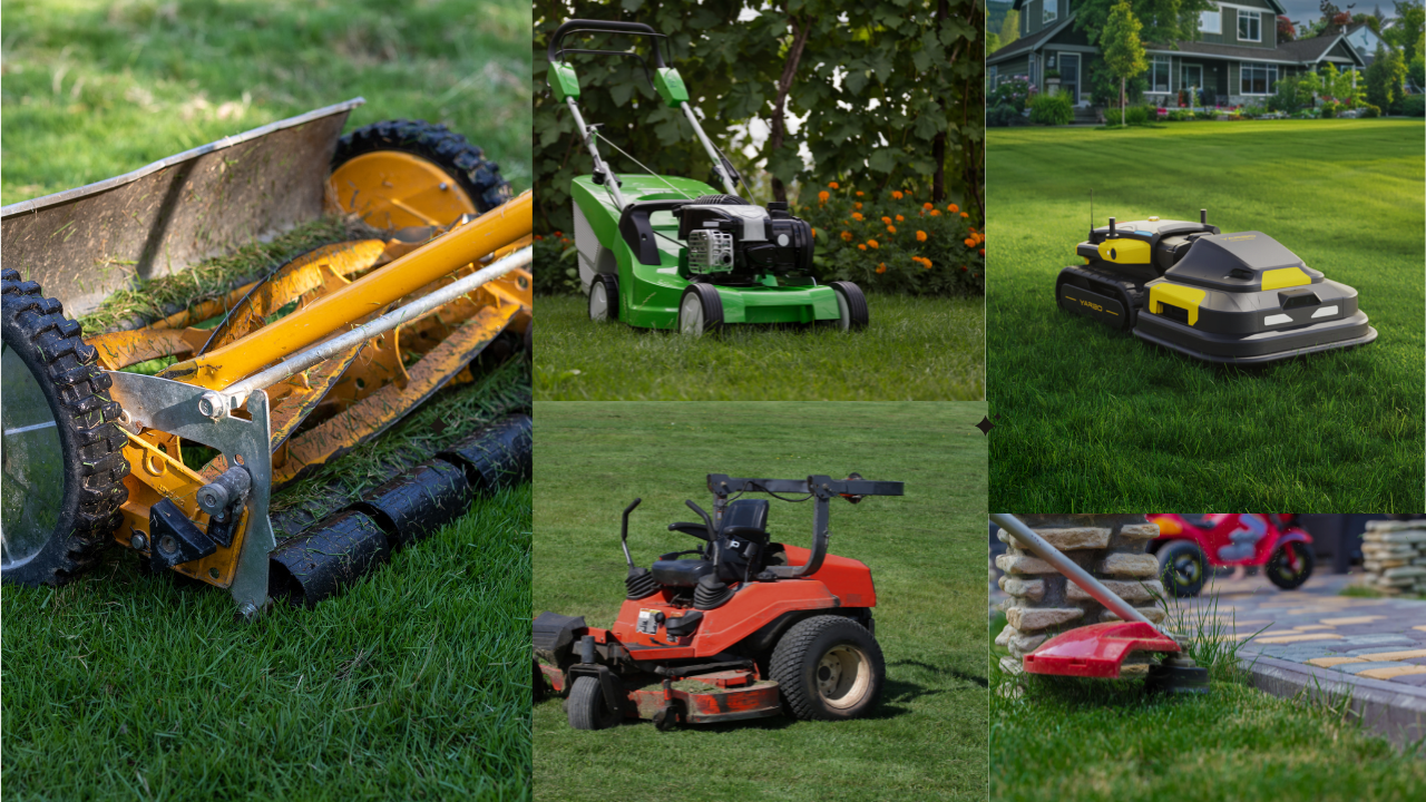 Collage of lawn mowers through time: vintage reel, gas push, riding, robotic, and trimmer on lush green lawns.