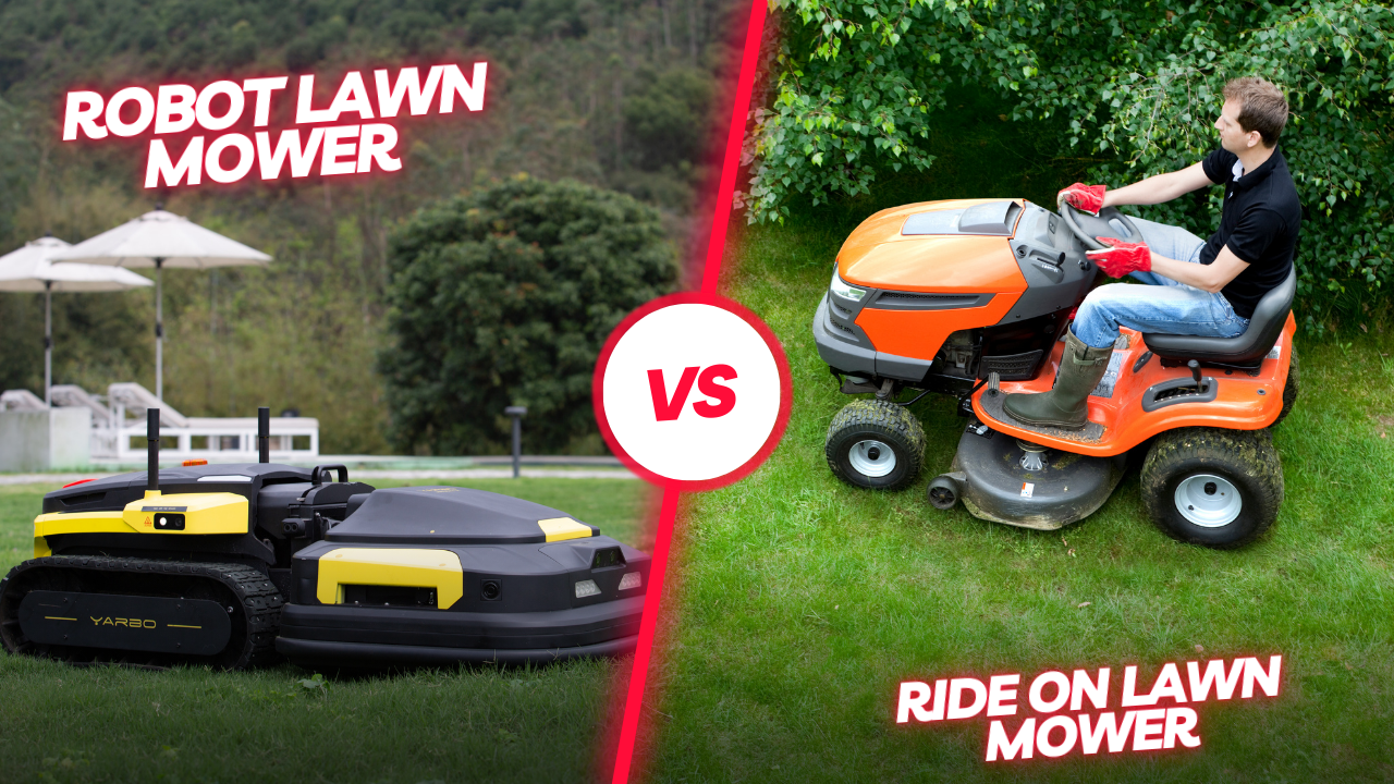 Man riding orange ride-on mower vs. two black-and-yellow robot mowers on lush green lawn, comparing lawn care options.