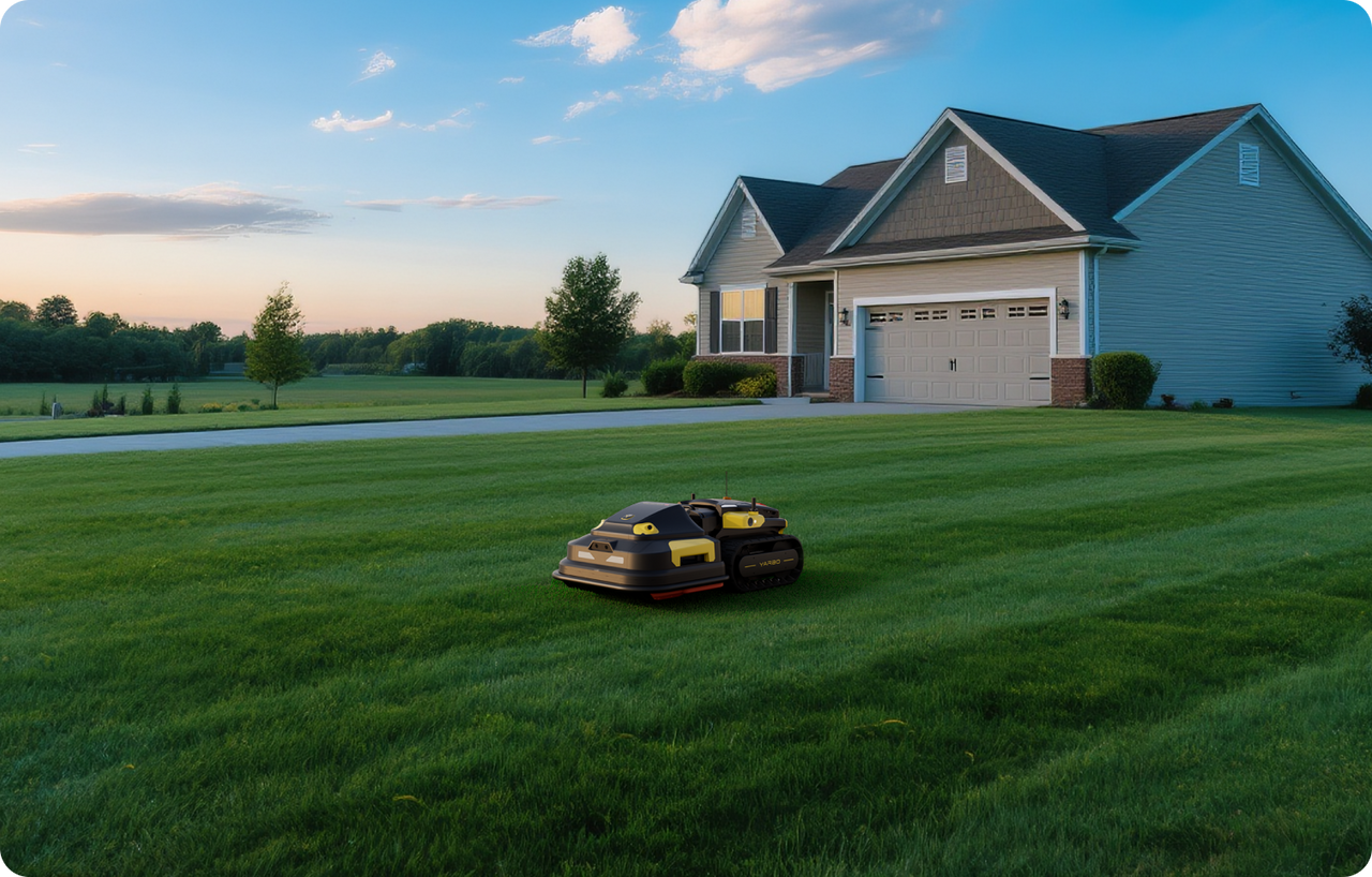 Robot mower glides across lush green lawn in front of suburban home at sunset, showcasing smart lawn care.