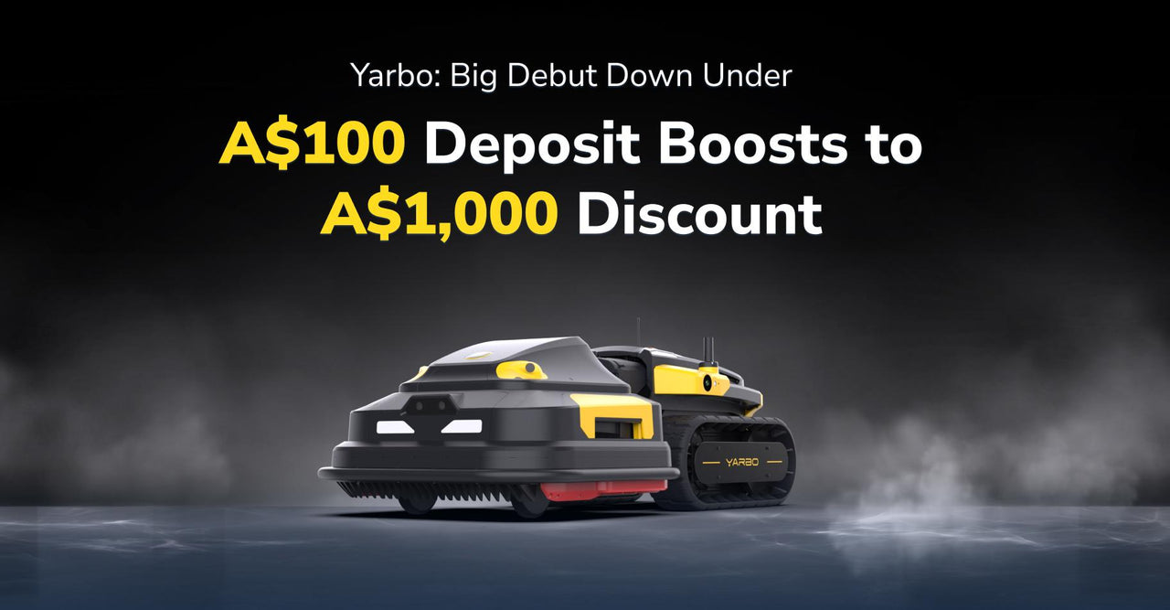 Sleek black and yellow Yarbo robot lawn mower on dark stage with smoke, promoting A$1,000 discount offer.