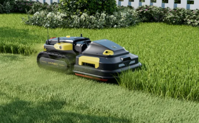Two sleek black and yellow robotic mowers glide across a lush green lawn, trimming grass efficiently in a serene garden setting.