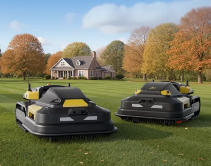 Two sleek Yarbo robotic mowers on a vibrant lawn, autumn trees and a cozy home in the background, showcasing smart yard technology.