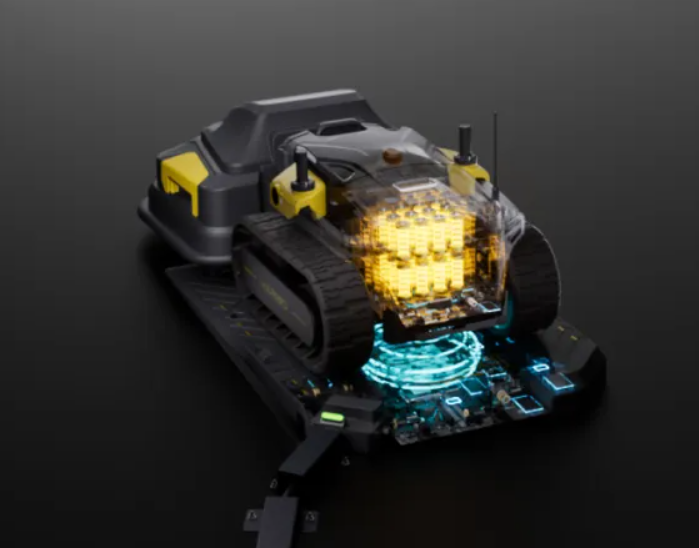 Futuristic electric lawn mower with glowing core and tracks, showcasing eco-smart technology for modern gardening.