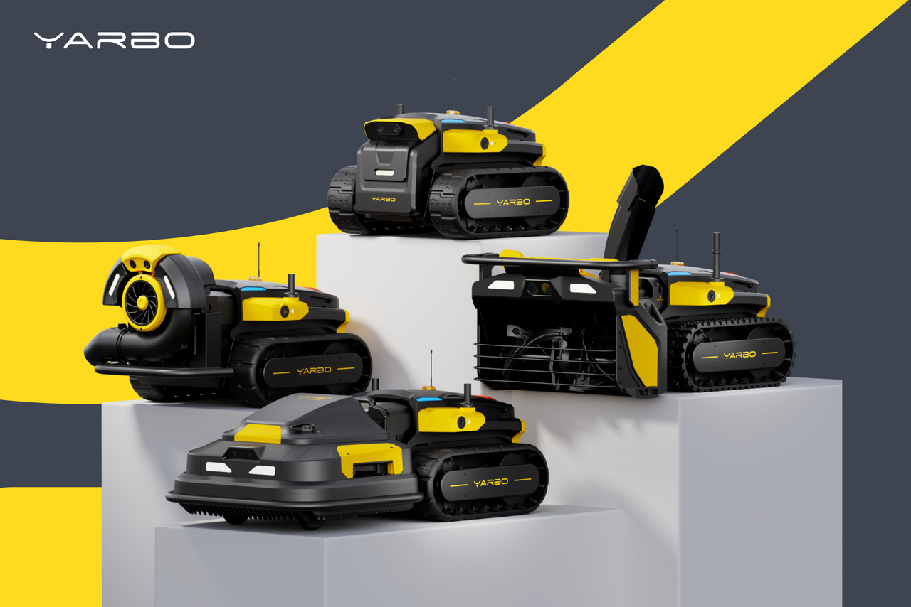 Four Yarbo robotic mowers on white pedestals, showcasing sleek black and yellow designs against a bold yellow and gray background.