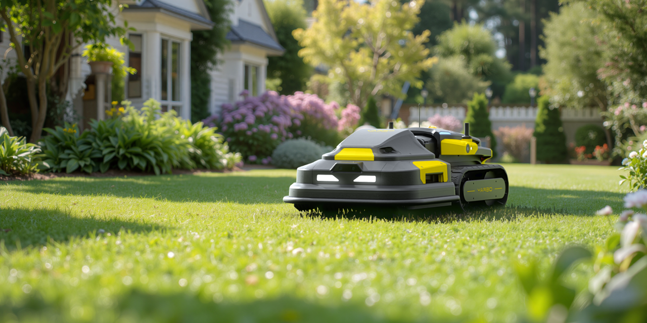 Compact robotic lawn mower glides across lush green yard, trimming grass with precision in a sunny suburban garden.