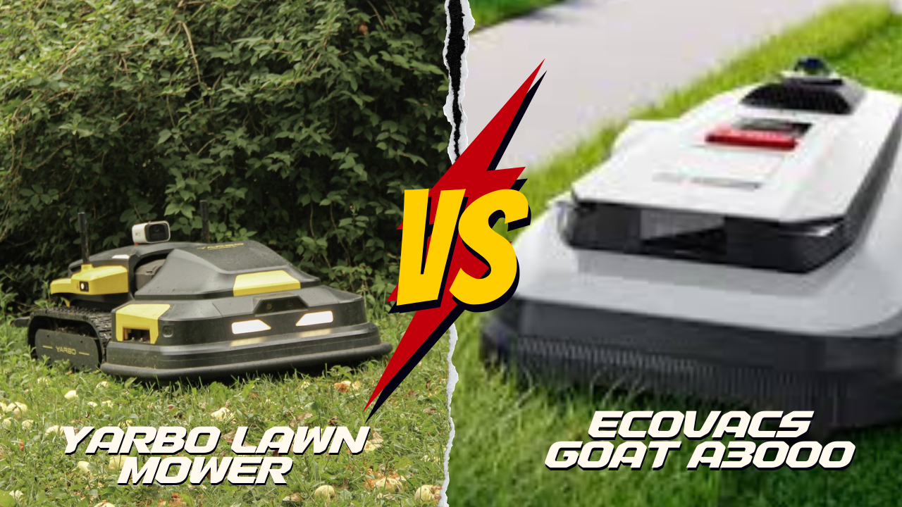 Yarbo and Ecovacs GOAT A3000 robot mowers face off on lush green lawns, split by bold "VS" graphic.