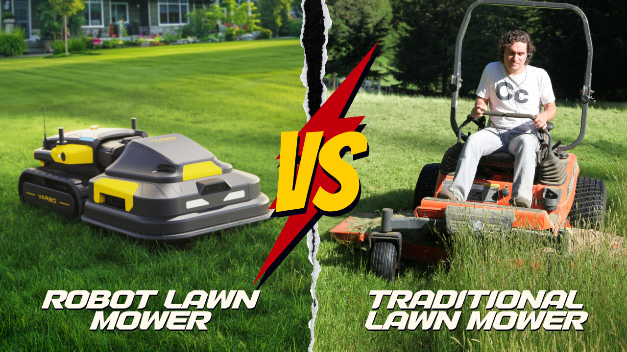 Robot mower on left, man riding traditional mower on right, split by bold "VS" graphic in lush green yard.