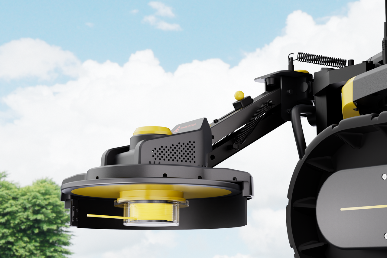 Close-up of Yarbo's sleek black and yellow robotic trimmer arm, ready to maintain a vibrant green yard under a bright blue sky.
