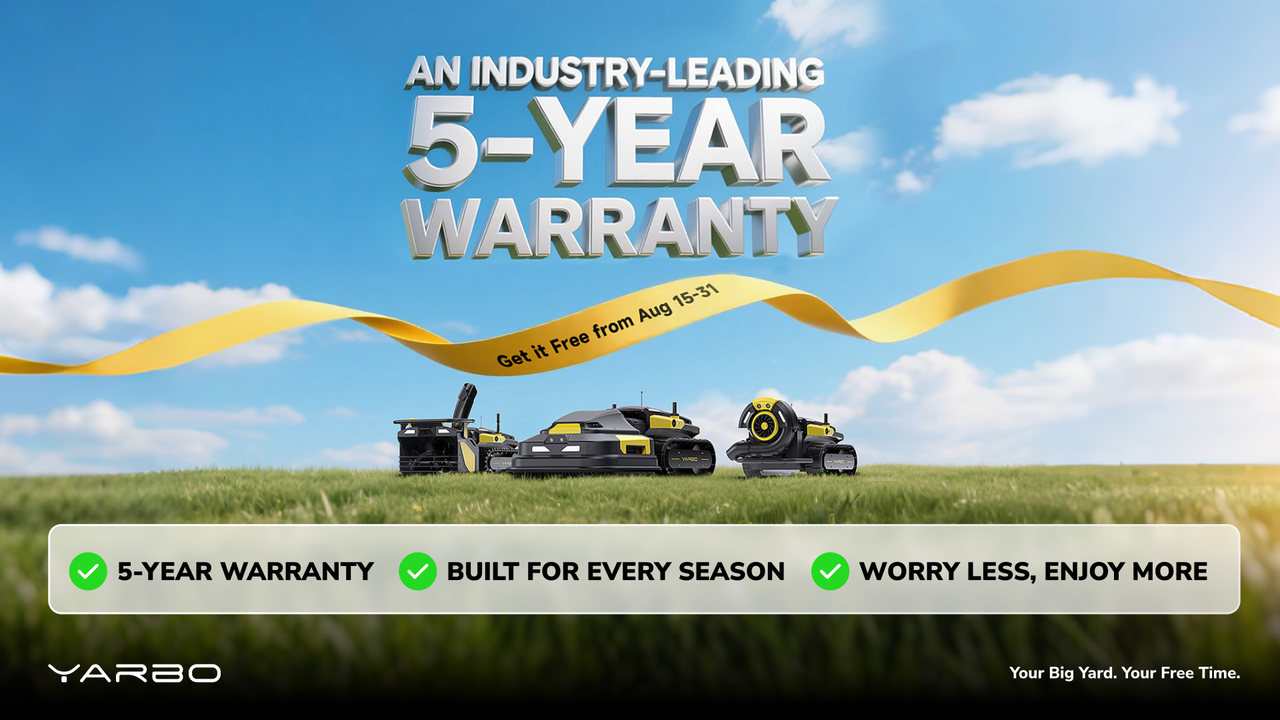 Three YARBO robotic mowers on lush green grass under blue sky, promoting 5-year warranty with bold text and yellow ribbon.