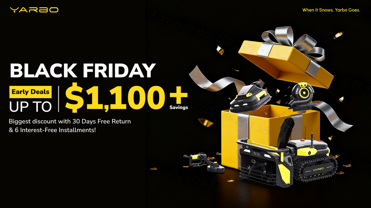 Yellow gift box bursts open with Yarbo snow blowers, celebrating early Black Friday savings up to $1,100.