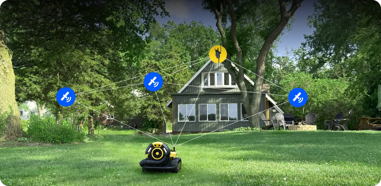 Yellow and black Yarbo robotic yard blower on lush green lawn, connected to smart home system with wireless icons, near modern shed and trees.