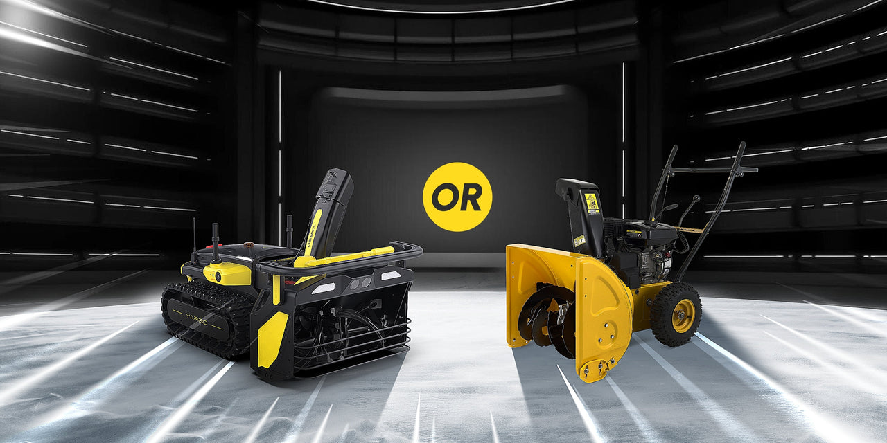 Battery-powered snow blower vs. gas model face off in sleek arena, yellow "OR" choice highlighted.