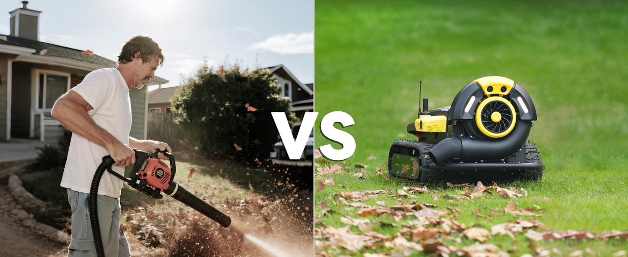 Man using gas leaf blower vs. robotic battery blower on lawn, showcasing power and automation options.