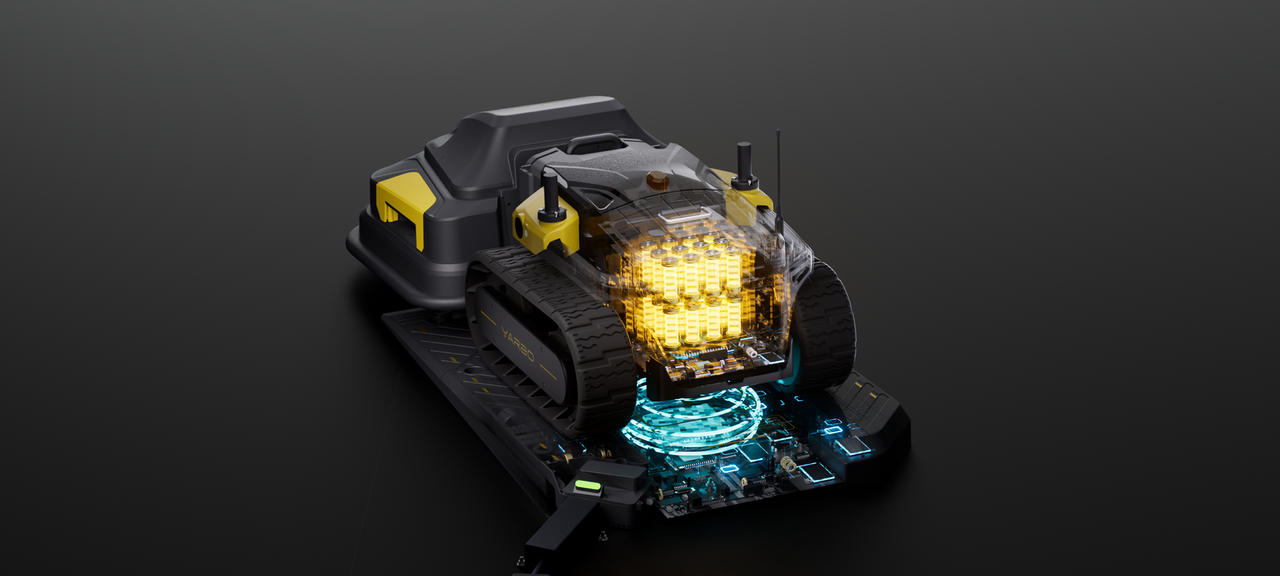 Robotic snow blower with glowing battery core charging wirelessly on futuristic pad, showcasing advanced winter tech.