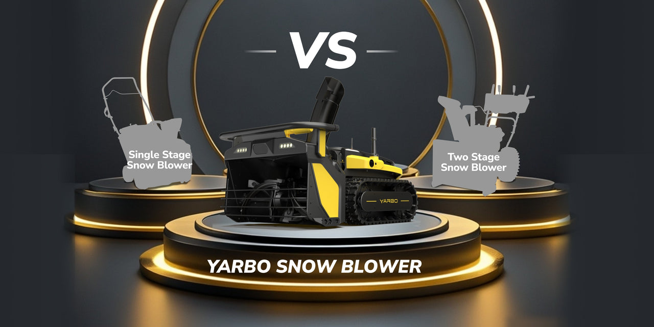 Yellow and black YARBO snow blower on central podium, flanked by single and two-stage models in silhouettes, under dramatic lighting.