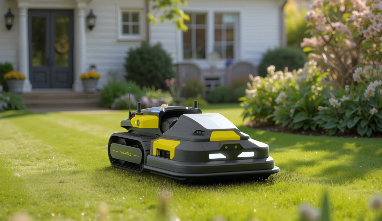 Robotic lawn mower glides across vibrant green lawn in front of a charming white house, blending modern tech with serene suburban beauty.