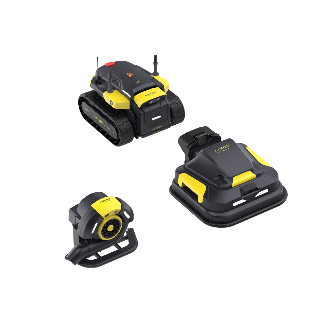 Three black and yellow YARBO robotic lawn mowers with tracks, wheels, and a fan attachment, displayed against a white background.