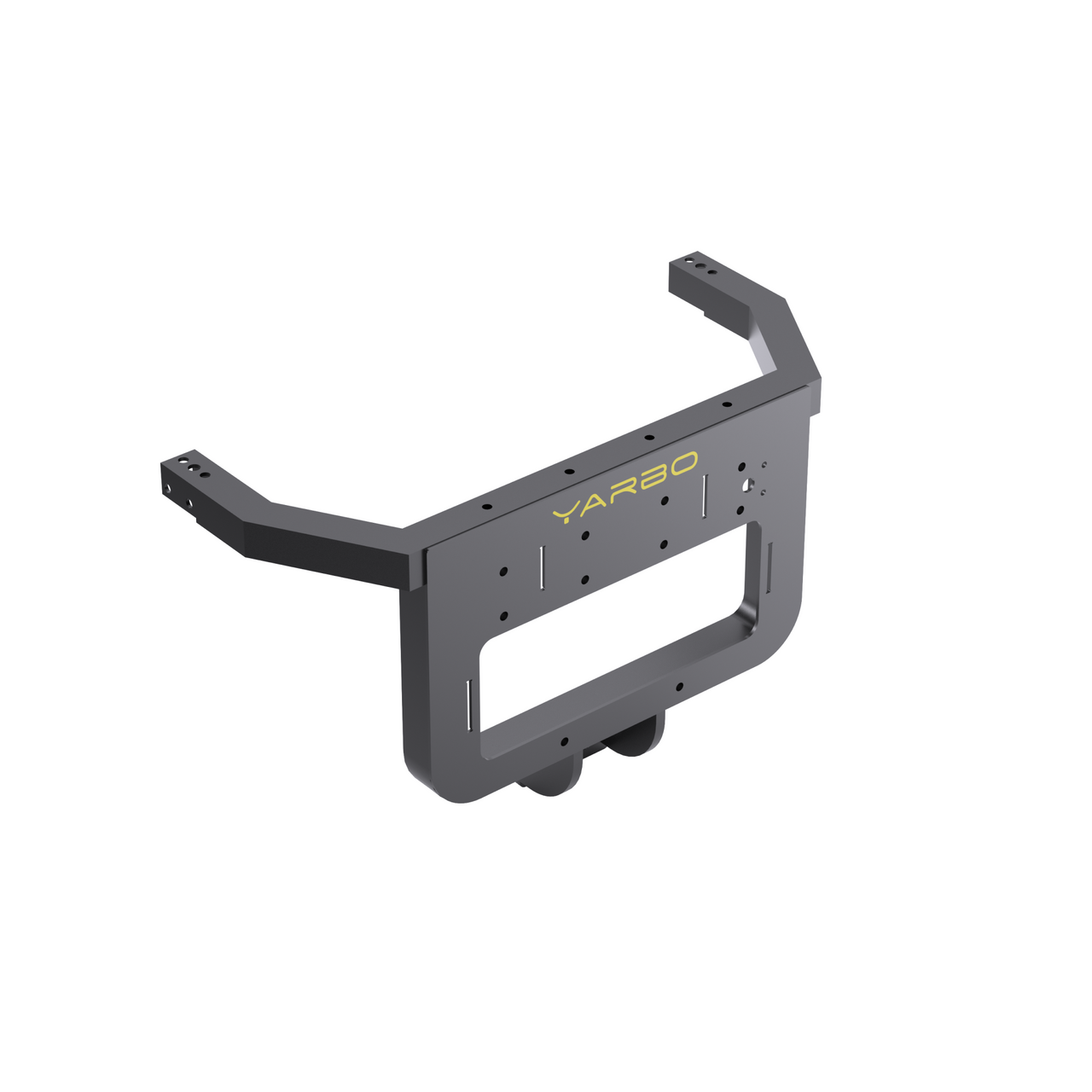 Gray metal YARBO front bumper with mounting holes and yellow logo, isolated on white.