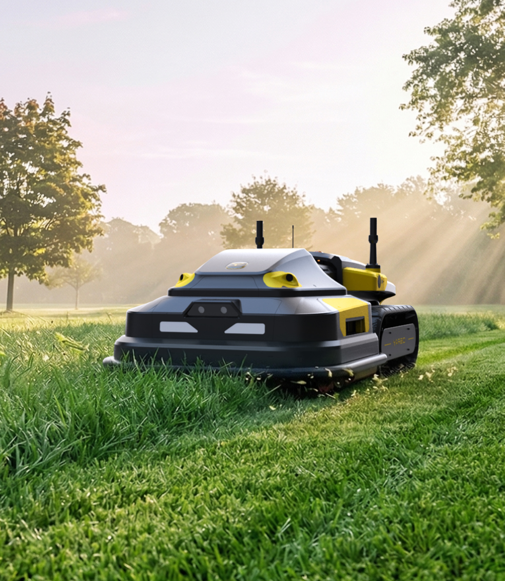 Black and yellow robotic lawn mower on lush green grass with trees and soft sunlight in background.