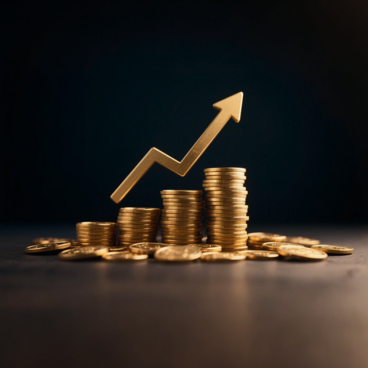 Golden coins stacked in ascending rows with a rising arrow, symbolizing financial growth on a dark background.