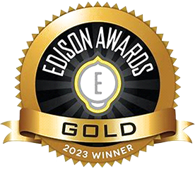 Gold Edison Awards 2023 Winner seal with black center, white "E" logo, and golden ribbon banner.