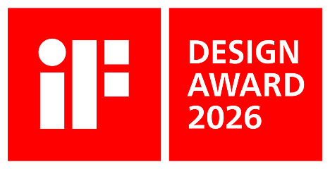 Red square logo with white "iF" symbol on left, "DESIGN AWARD 2026" text on right.