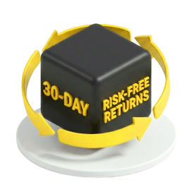 Black cube with "30-DAY RISK-FREE RETURNS" in yellow, encircled by yellow arrows on white base.