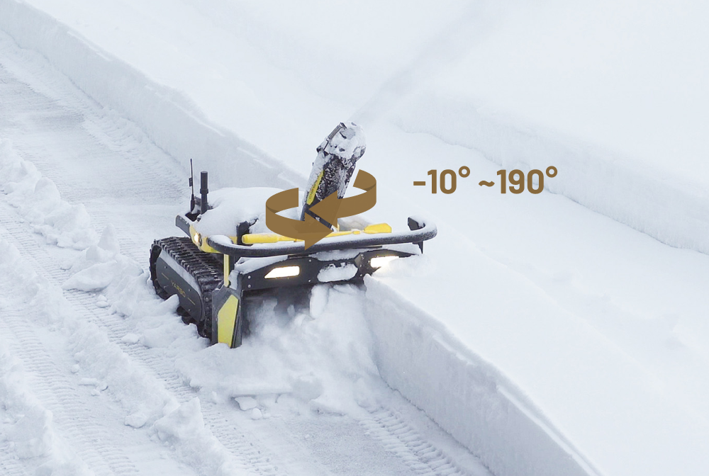 Yellow and black snow-clearing robot on snowy path, rotating blade with -10° to 190° range indicator.