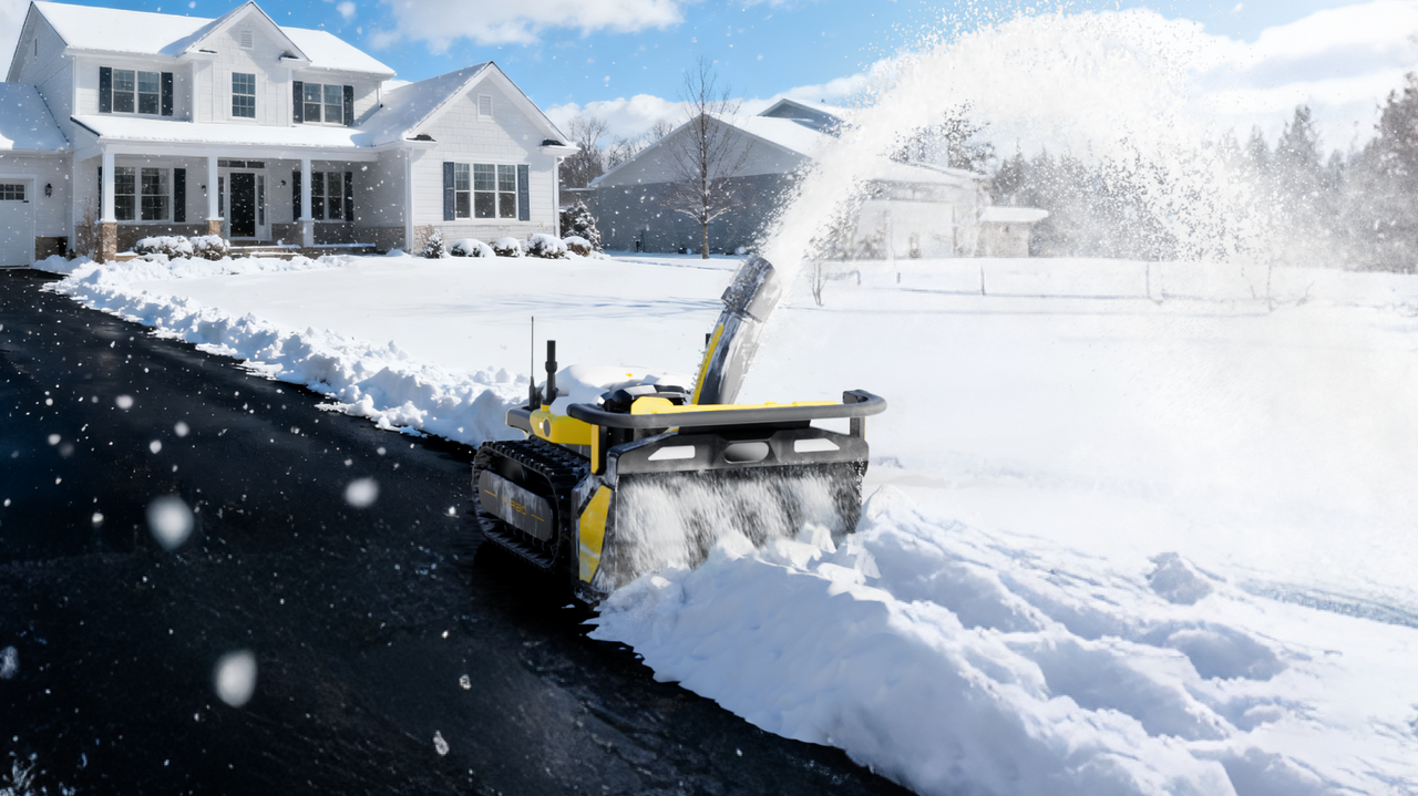 Yellow and black snow blower clearing driveway in front of white house under bright blue sky with falling snow.