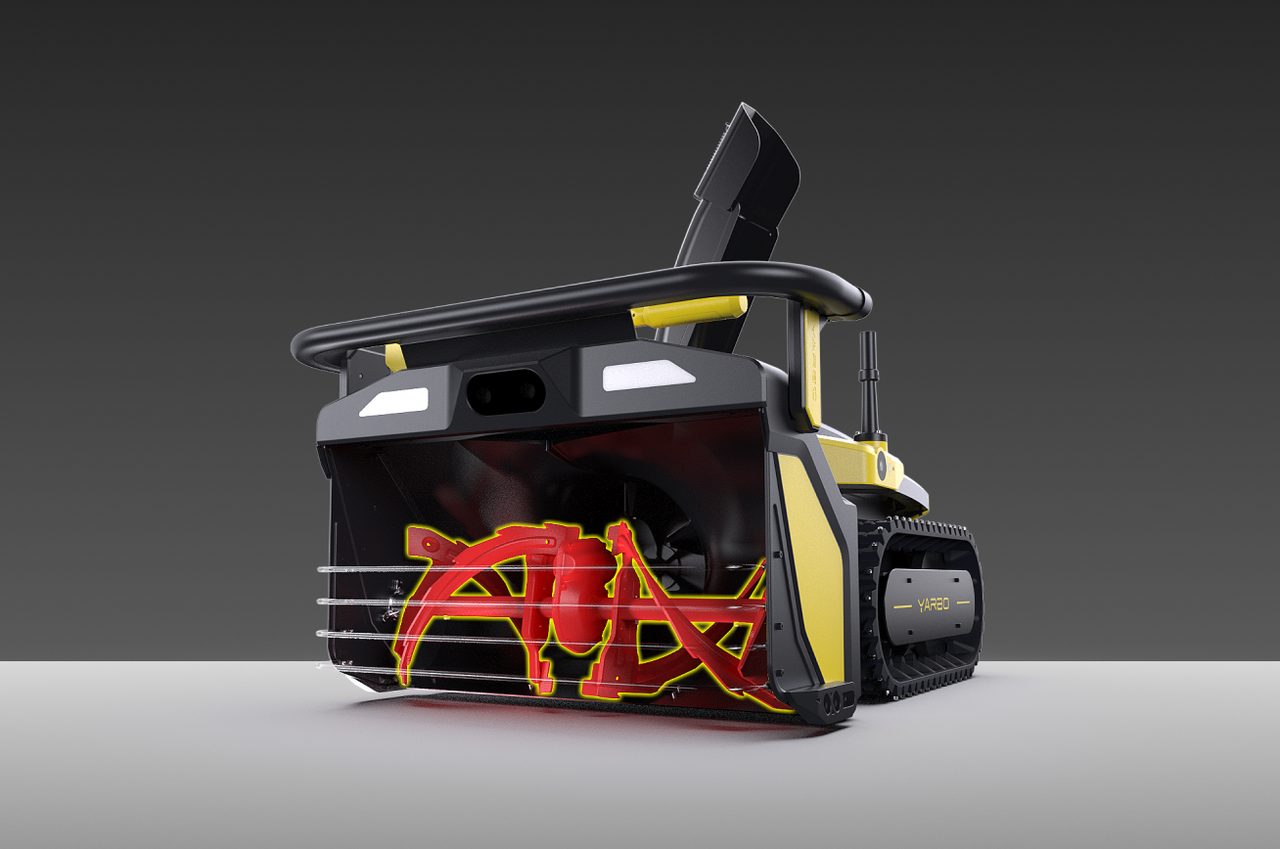 Black and yellow snow blower with red auger, tracked wheels, and "VARBO" branding on side, against dark gray background.