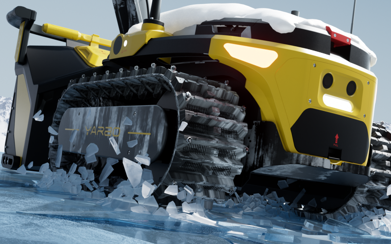 Yellow and black YARBO ice-breaking robot shatters ice in snowy terrain, with snow on top and ice fragments flying.