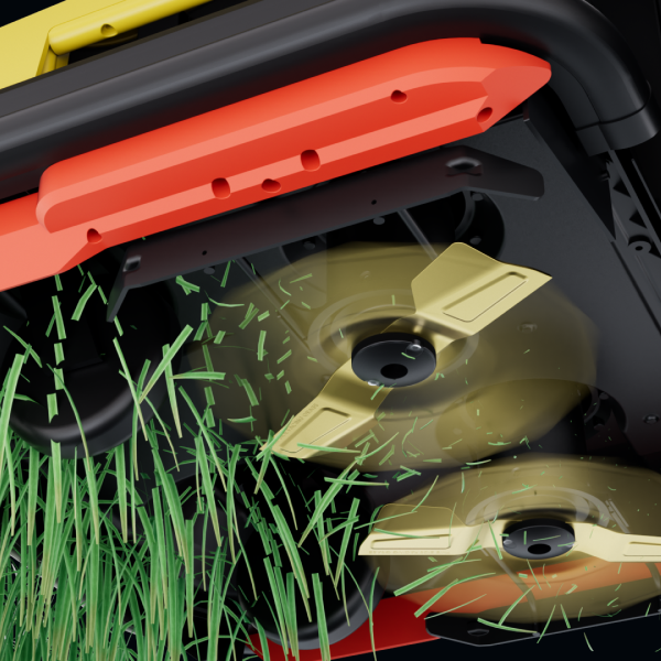 Close-up of lawnmower blades cutting green grass, with red and black housing, motion blur, and flying clippings.