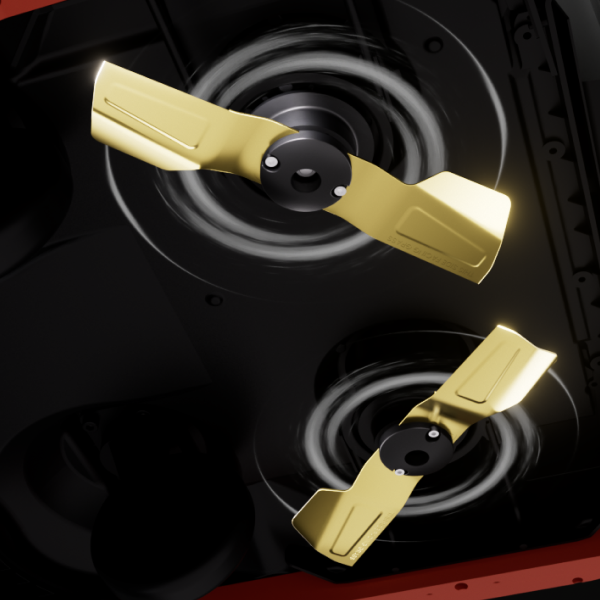 Two gold propellers spinning on black motors, mounted on a dark drone frame with red accents.