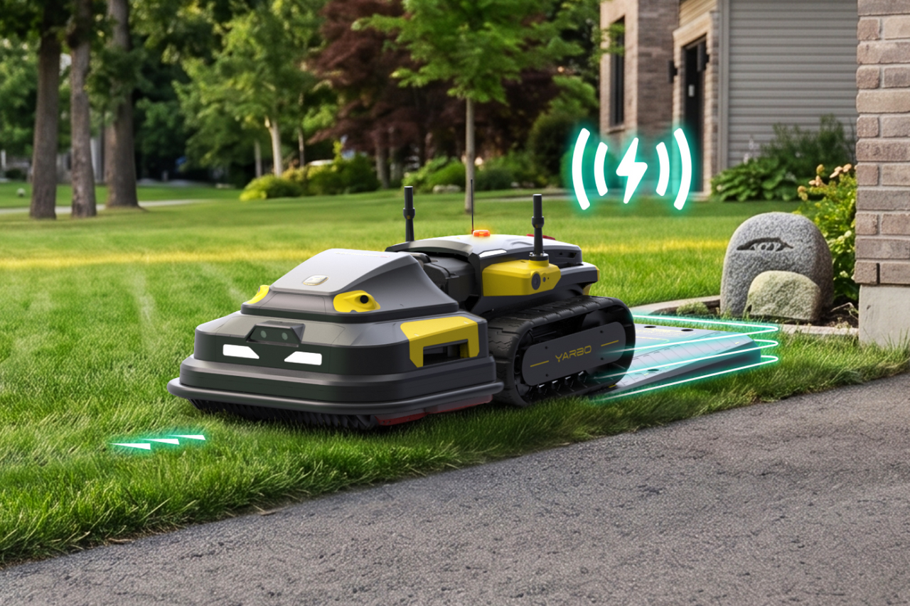 Gray and yellow robotic lawn mowers with glowing sensors navigate a green lawn near a house, emitting signal waves.