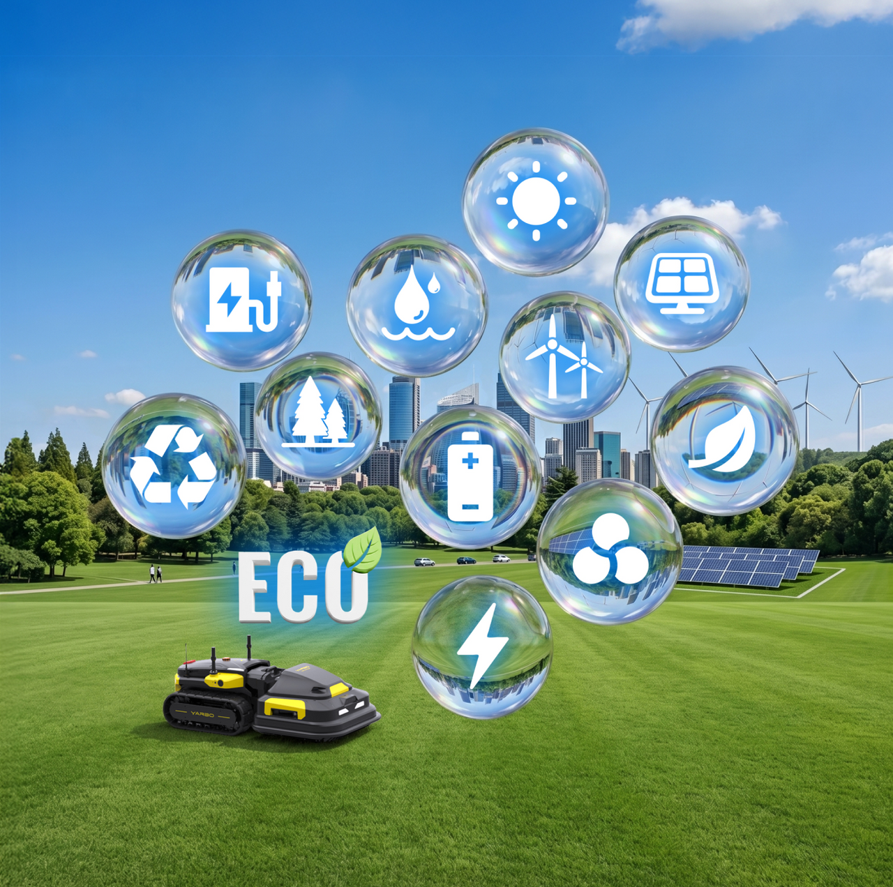 Two black and yellow robotic mowers on green grass with "ECO" text and floating bubbles containing sustainability icons, wind turbines, solar panels, and city skyline in background under blue sky.