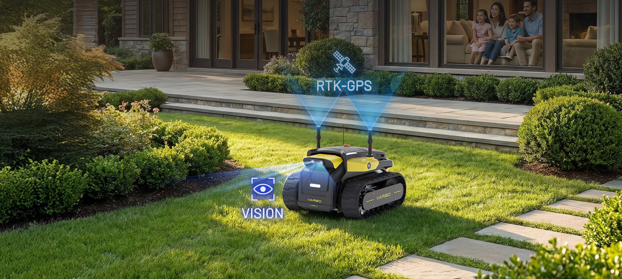 Yellow and black YARBO robotic lawn mower on green grass with RTK-GPS and VISION graphics; family watches from patio in background.